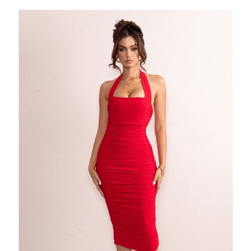 CLUB L LONDON, Last One💥Letitia | Red Halter Neck Ruched Bodycon Dress,Size 12